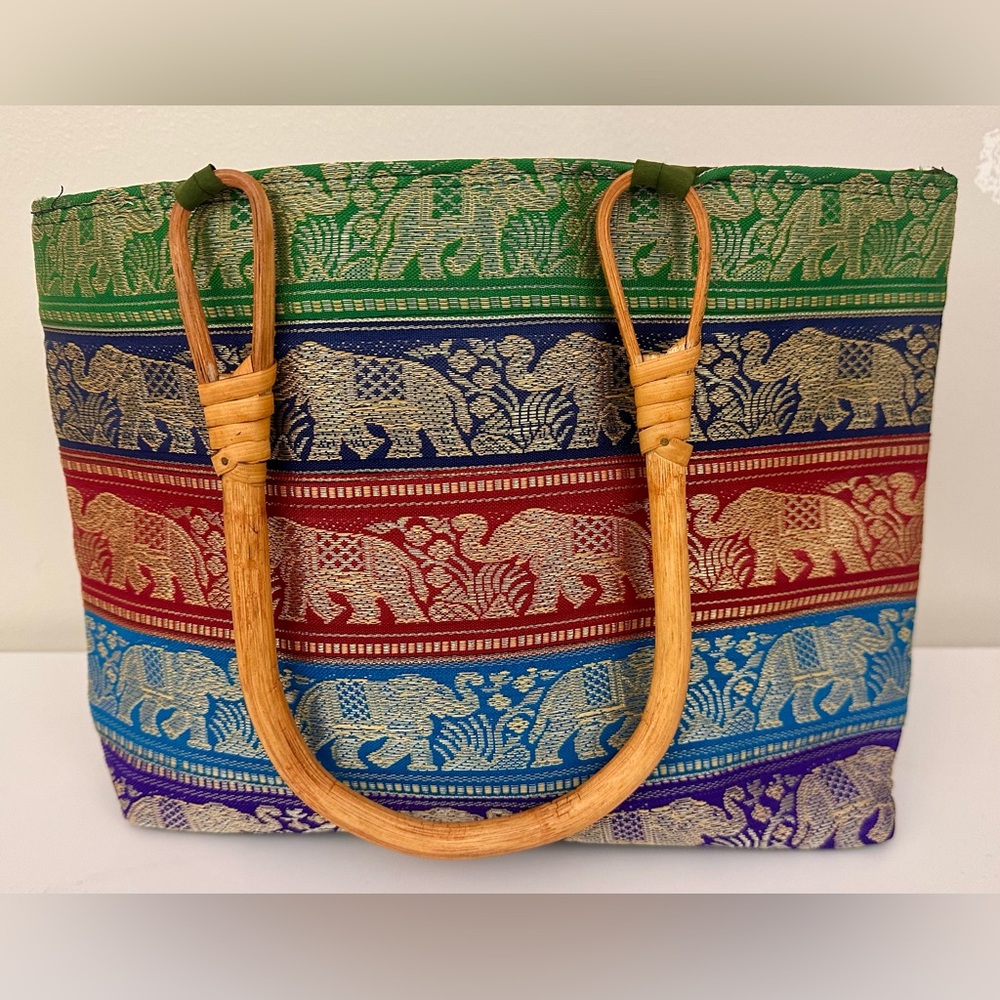 Unique Elephant Design Handbag Purse Tote Bamboo Handles Boho Artsy Whimsy Gift
